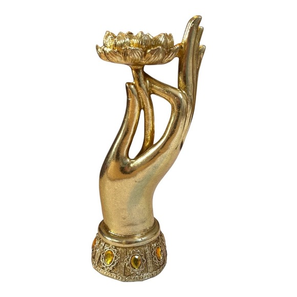 Golden Buddha Hand Lotus Candle Holder Statue Home Decor Religious Decor NWOT - Picture 1 of 7